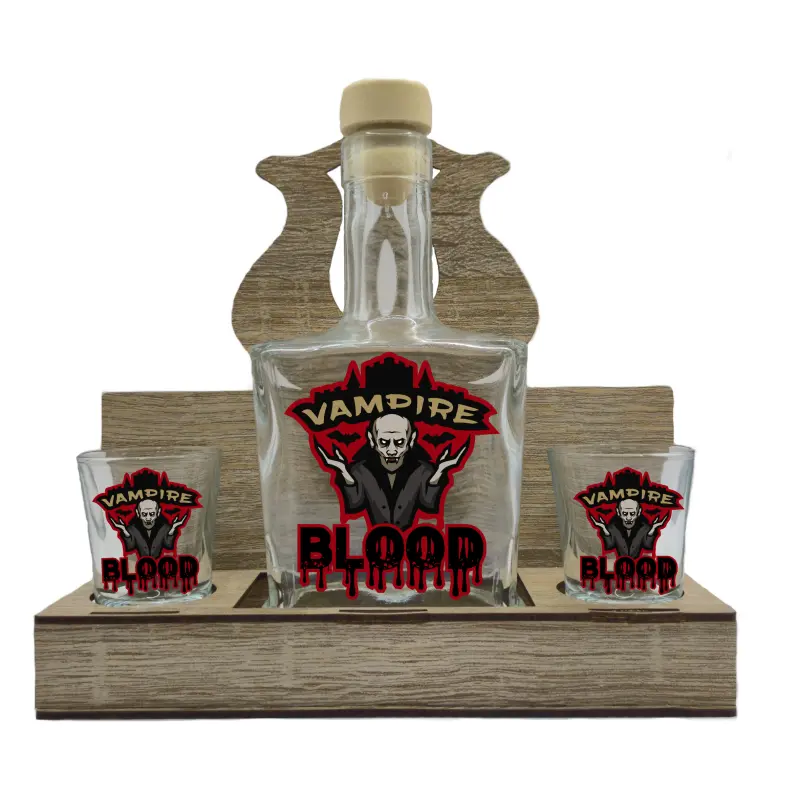 Vampire blood, suport din lemn cu sticla si 2 pahare, model hgs055